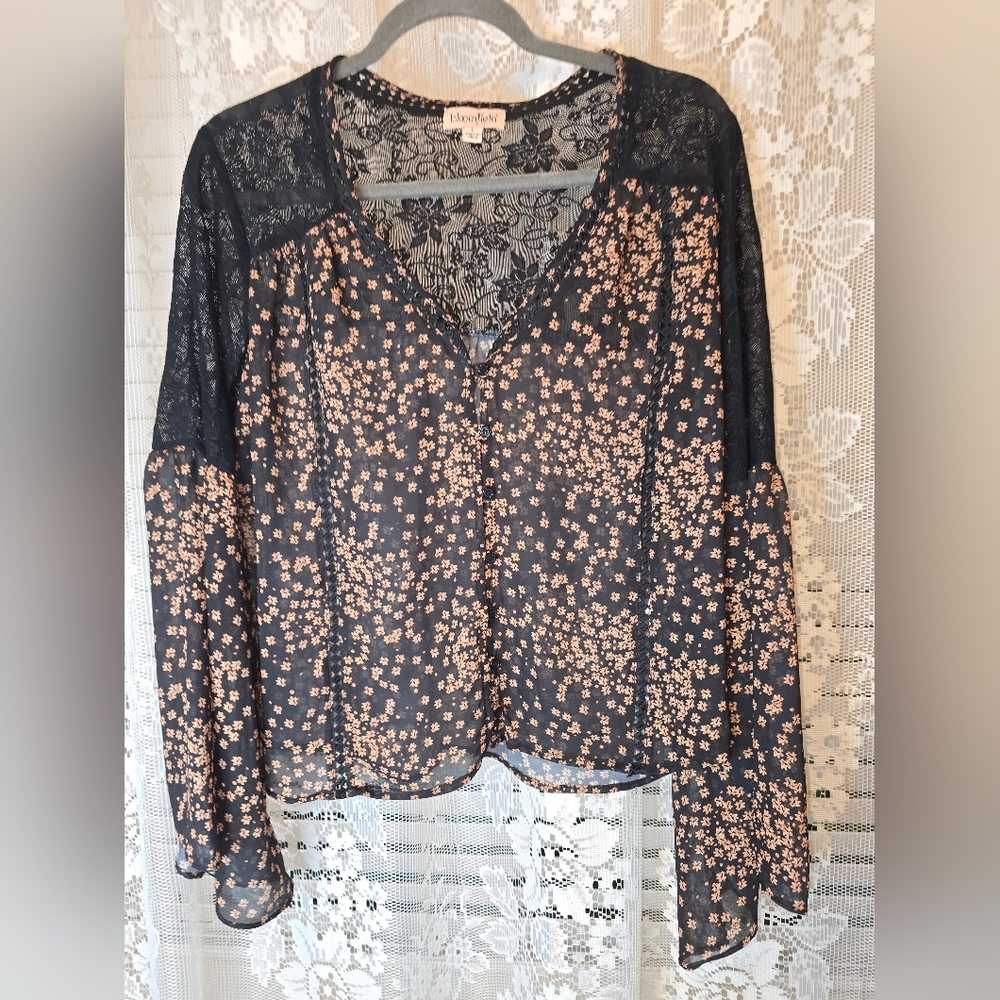 Bloomfield, Black Floral Women's Blouse With Lace, Sheer Longsleeve Large